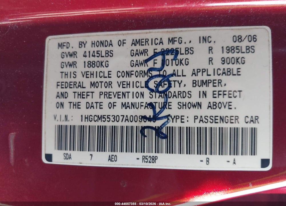 2007 HONDA ACCORD 2.4 SE VIN: 1HGCM55307A009045