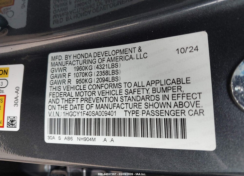 2025 HONDA ACCORD SE VIN: 1HGCY1F40SA009401