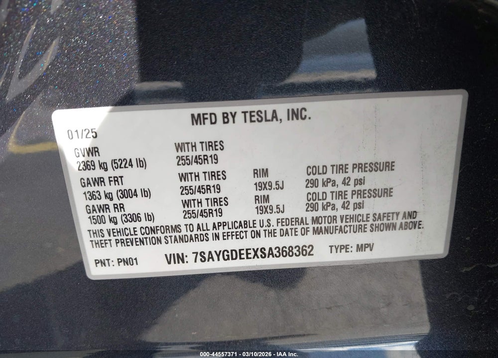 2025 TESLA MODEL Y LONG RANGE DUAL MOTOR ALL-WHEEL DRIVE VIN: 7SAYGDEEXSA368362
