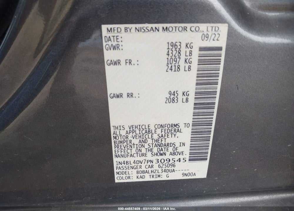 2023 NISSAN ALTIMA SV FWD VIN: 1N4BL4DV7PN309545