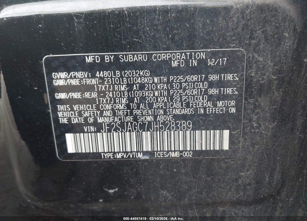 2018 SUBARU FORESTER 2.5I PREMIUM VIN: JF2SJAGC7JH528389