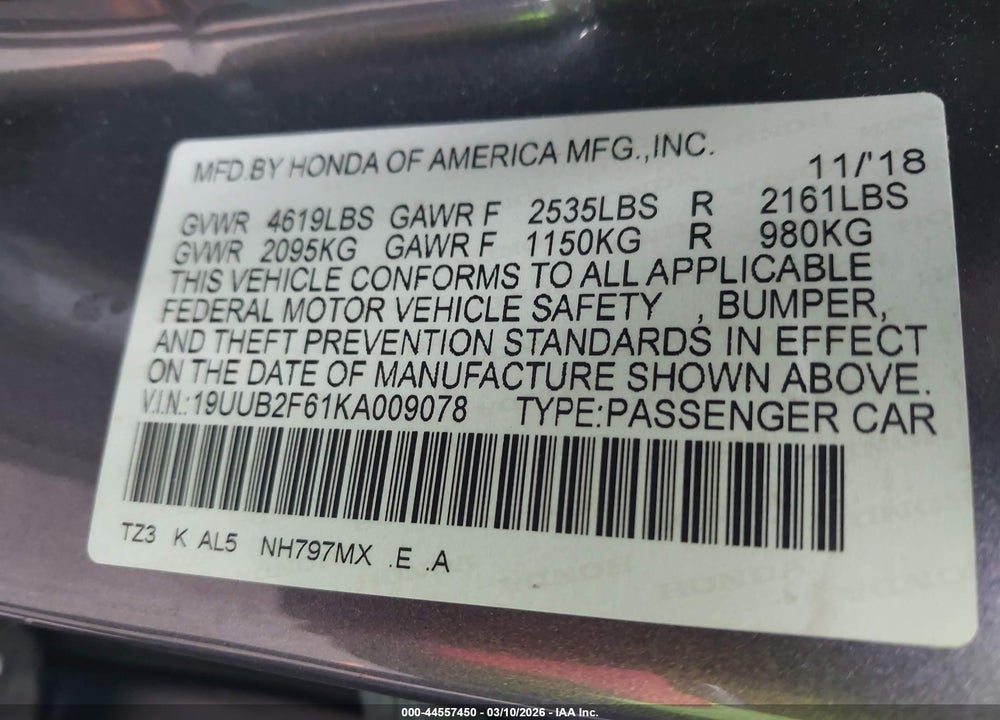 2019 ACURA TLX TECHNO VIN: 19UUB2F61KA009078