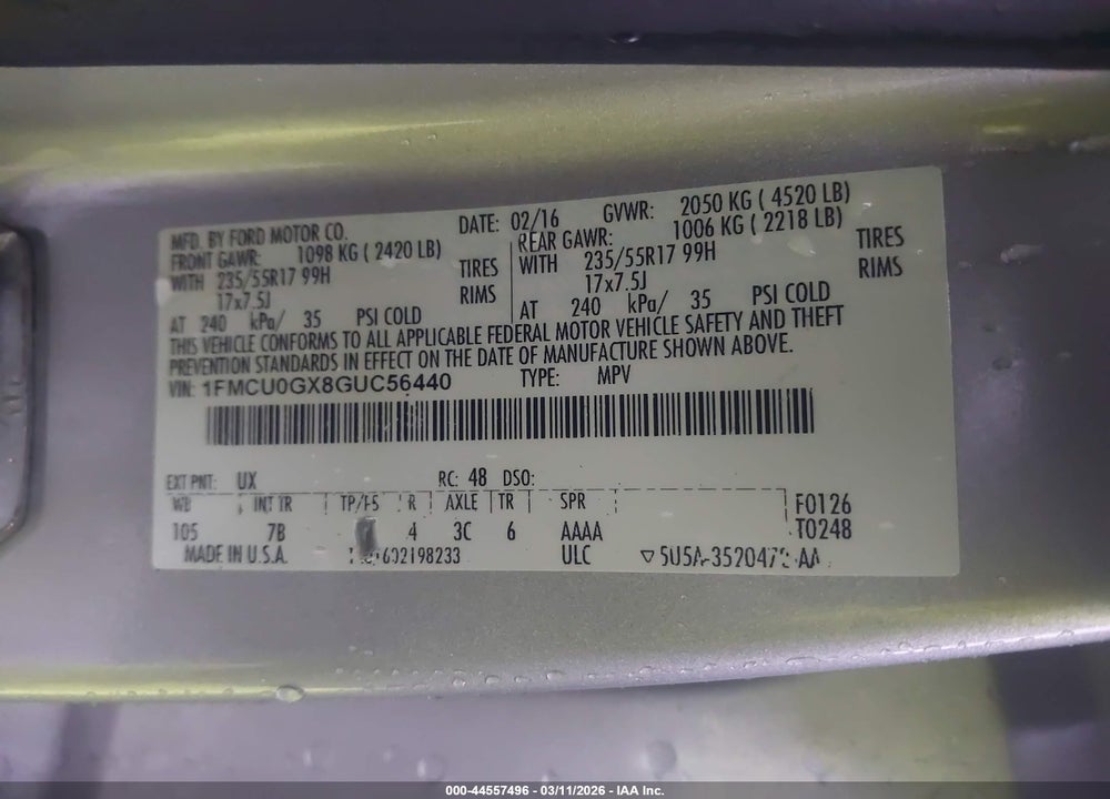 2016 FORD ESCAPE SE VIN: 1FMCU0GX8GUC56440