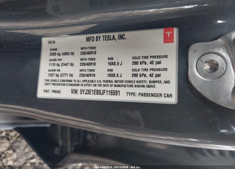 2018 TESLA MODEL 3 LONG RANGE/PERFORMANCE VIN: 5YJ3E1EB0JF116591