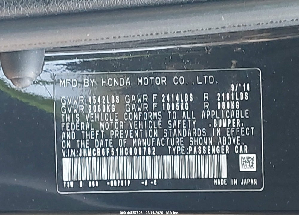 2017 HONDA ACCORD HYBRID EX-L VIN: JHMCR6F51HC009792