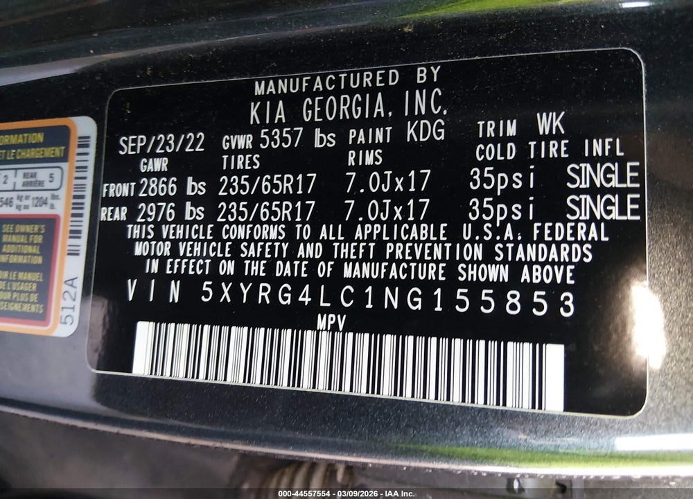 2022 KIA SORENTO LX VIN: 5XYRG4LC1NG155853