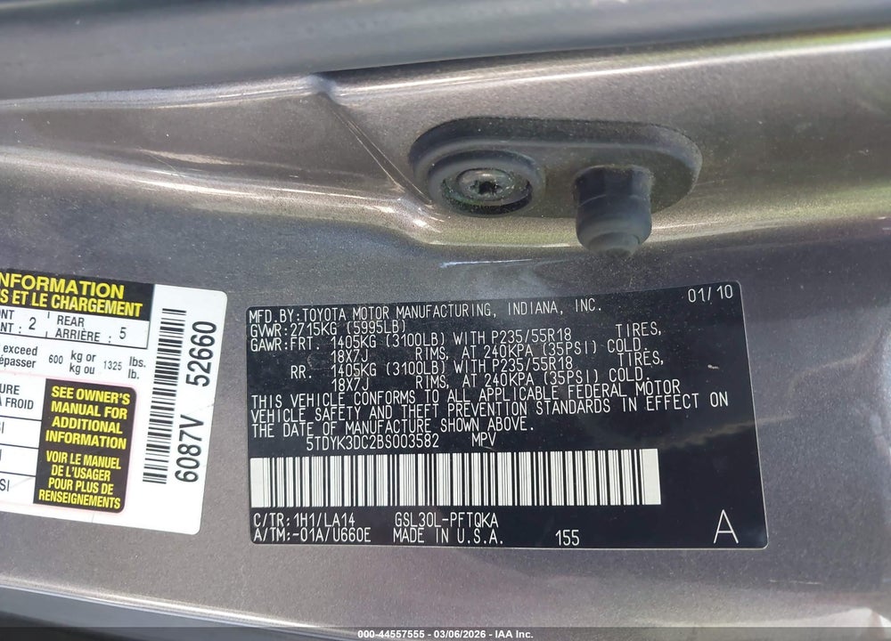 2011 TOYOTA SIENNA LIMITED V6 VIN: 5TDYK3DC2BS003582