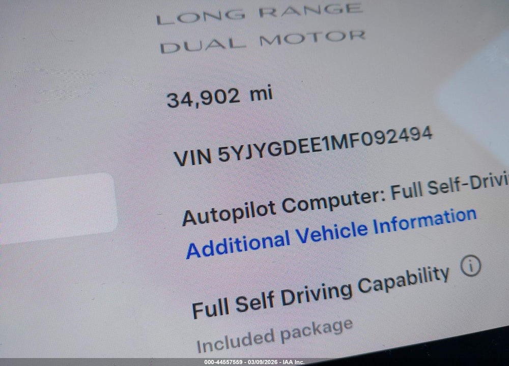 2021 TESLA MODEL Y LONG RANGE DUAL MOTOR ALL-WHEEL DRIVE VIN: 5YJYGDEE1MF092494