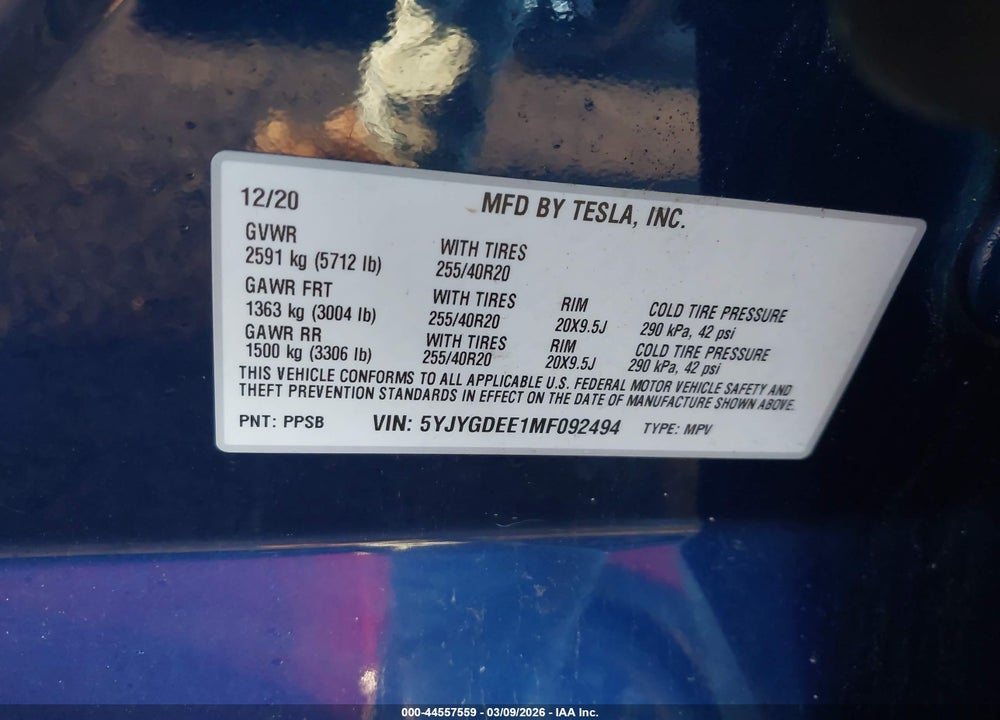 2021 TESLA MODEL Y LONG RANGE DUAL MOTOR ALL-WHEEL DRIVE VIN: 5YJYGDEE1MF092494
