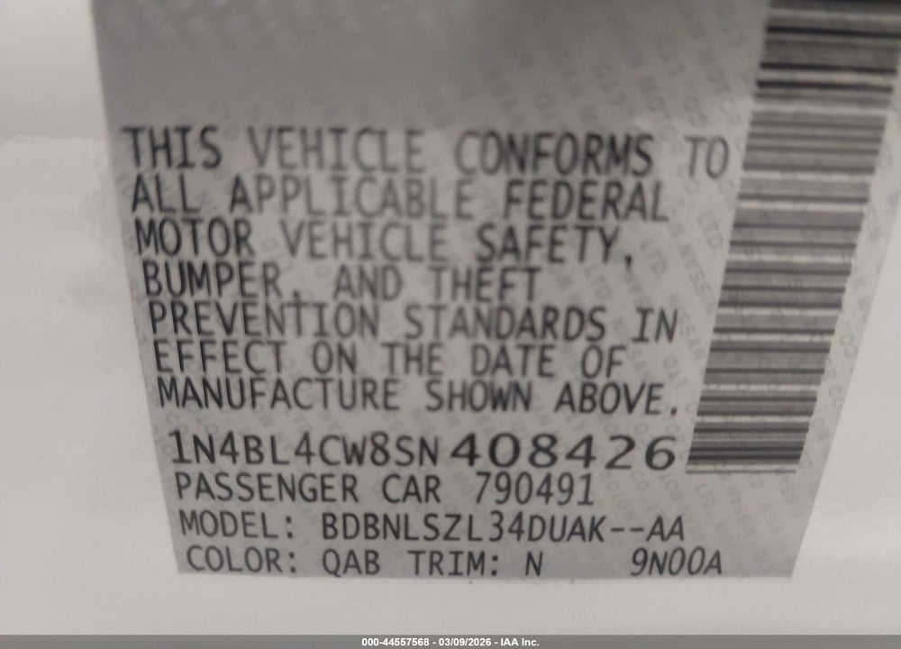 2025 NISSAN ALTIMA SR AWD VIN: 1N4BL4CW8SN408426