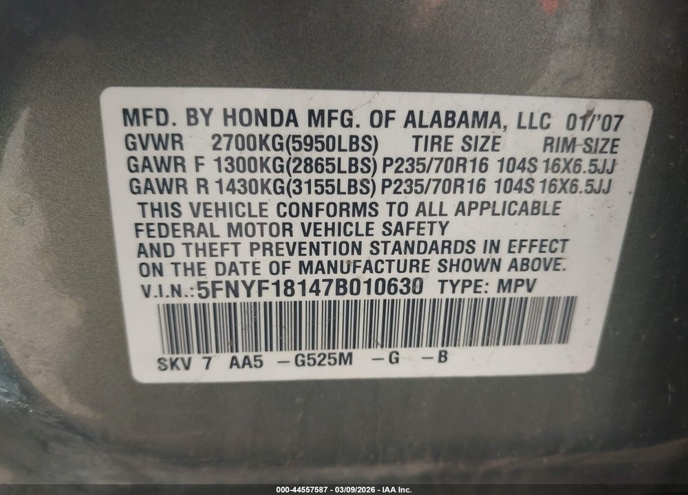 2007 HONDA PILOT LX VIN: 5FNYF18147B010630