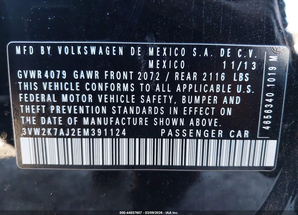 2014 VOLKSWAGEN JETTA 2.0L S VIN: 3VW2K7AJ2EM391124