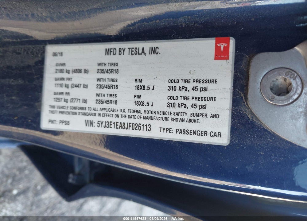 2018 TESLA MODEL 3 LONG RANGE/MID RANGE VIN: 5YJ3E1EA8JF026113