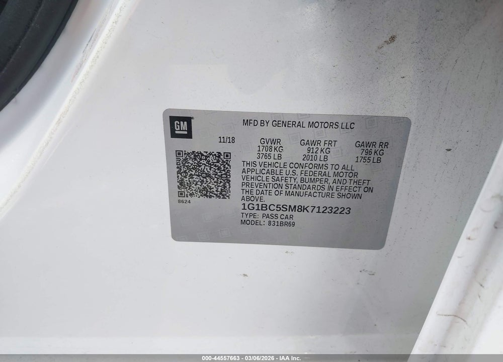 2019 CHEVROLET CRUZE LS VIN: 1G1BC5SM8K7123223
