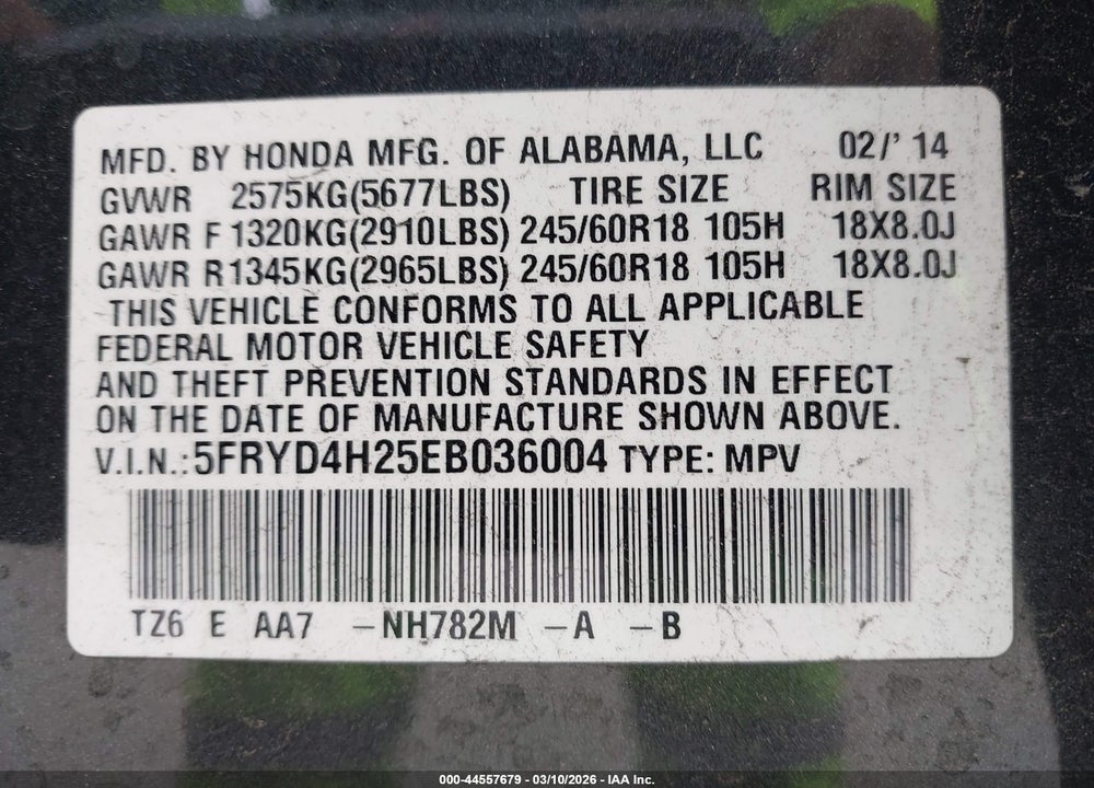 2014 ACURA MDX VIN: 5FRYD4H25EB036004