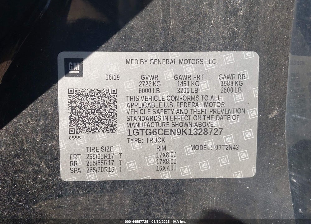 2019 GMC CANYON SLE VIN: 1GTG6CEN9K1328727