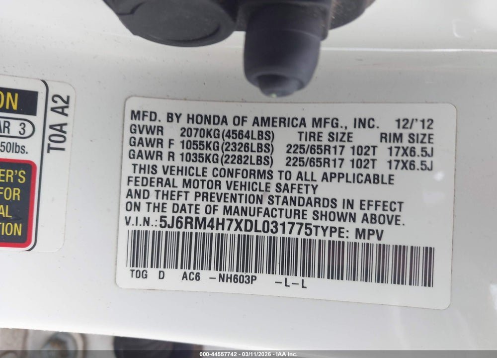 2013 HONDA CR-V EX-L VIN: 5J6RM4H7XDL031775