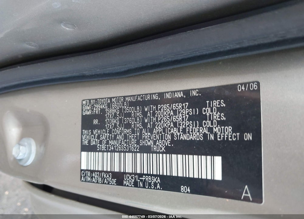 2006 TOYOTA TUNDRA SR5 V8 VIN: 5TBET34126S531622