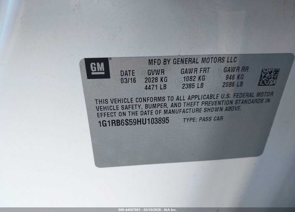 2017 CHEVROLET VOLT PREMIER VIN: 1G1RB6S59HU103895