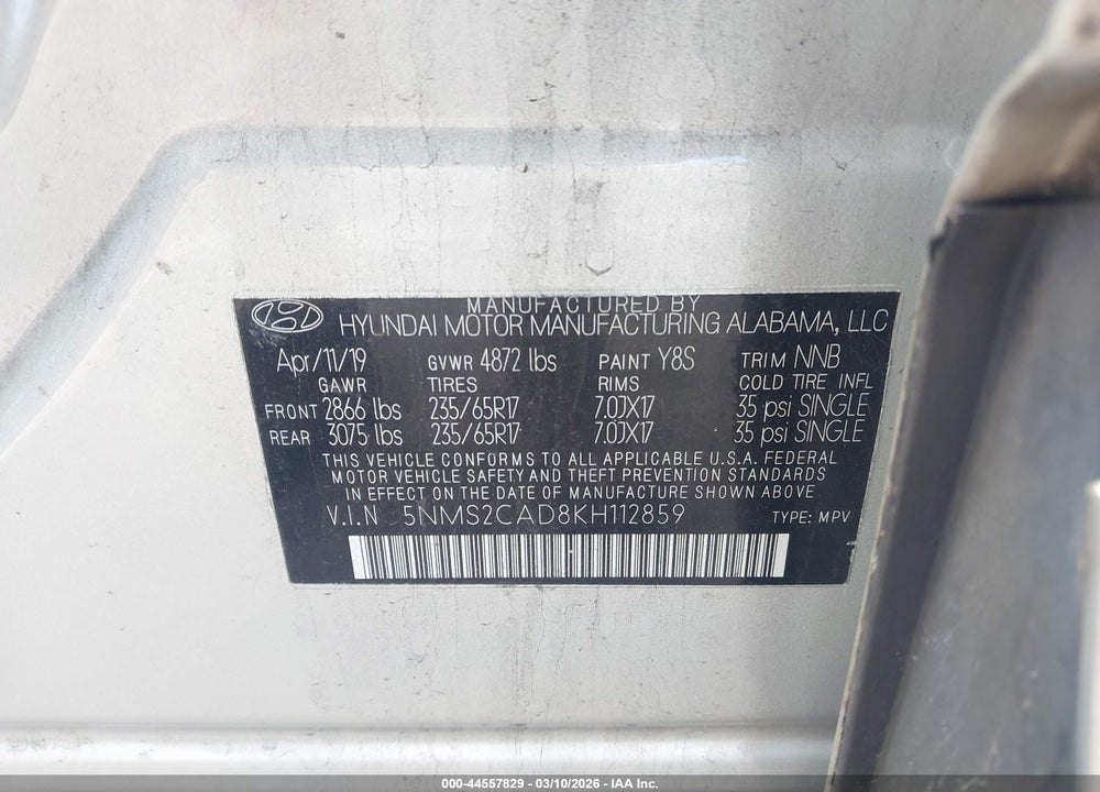 2019 HYUNDAI SANTA FE SE VIN: 5NMS2CAD8KH112859