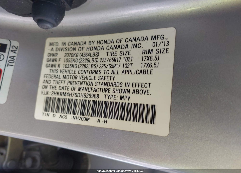 2013 HONDA CR-V EX-L VIN: 2HKRM4H76DH629968