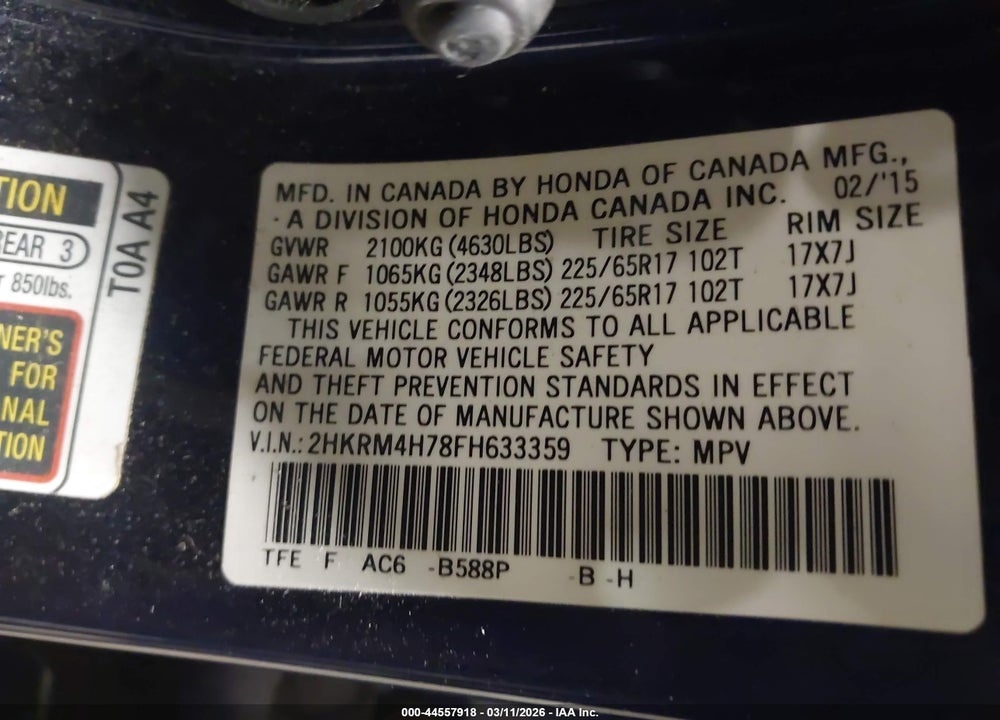 2015 HONDA CR-V EX-L VIN: 2HKRM4H78FH633359
