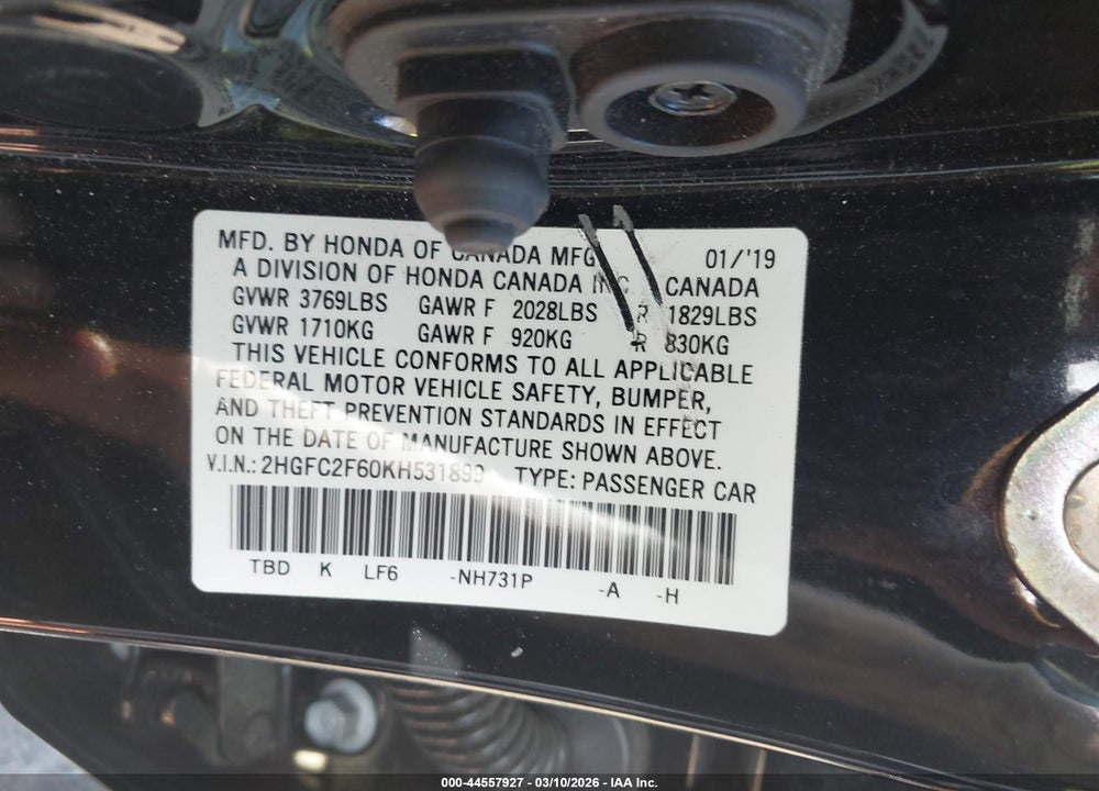 2019 HONDA CIVIC LX VIN: 2HGFC2F60KH531899