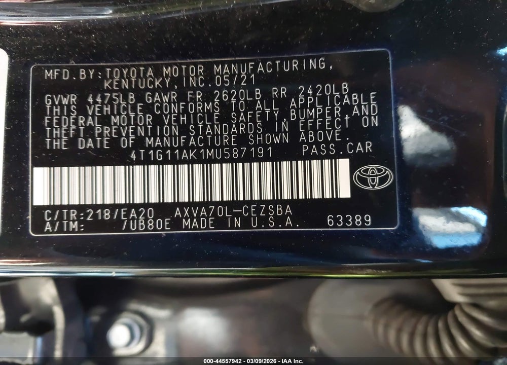 2021 TOYOTA CAMRY SE VIN: 4T1G11AK1MU587191