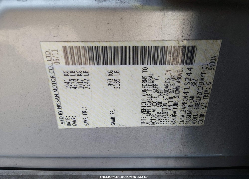 2012 NISSAN ALTIMA 2.5 S VIN: 1N4AL2AP8CN415244