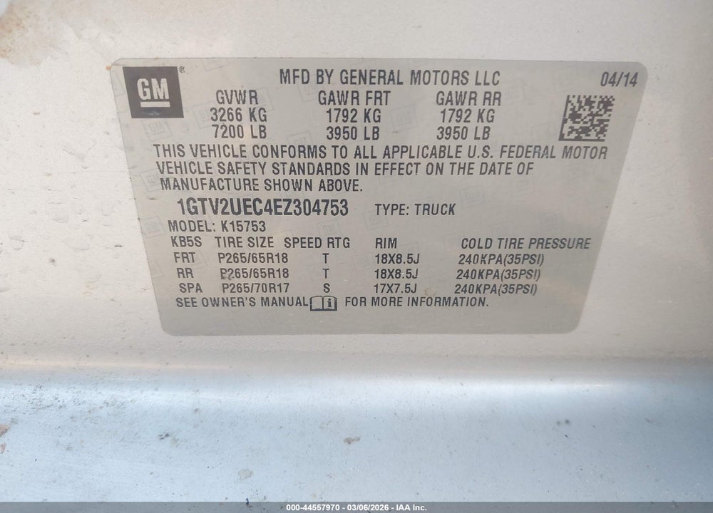 2014 GMC SIERRA 1500 SLE VIN: 1GTV2UEC4EZ304753