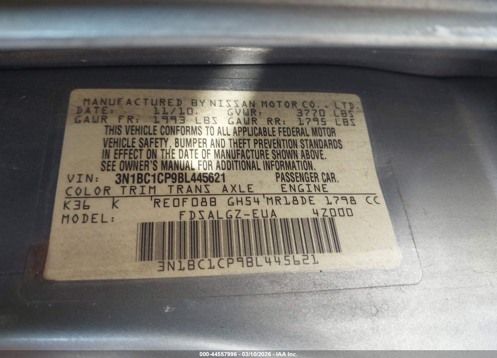 2011 NISSAN VERSA 1.8SL VIN: 3N1BC1CP9BL445621