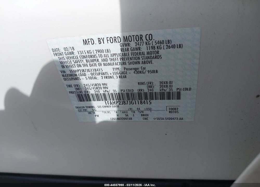2018 FORD TAURUS LIMITED VIN: 1FAHP2J87JG118415