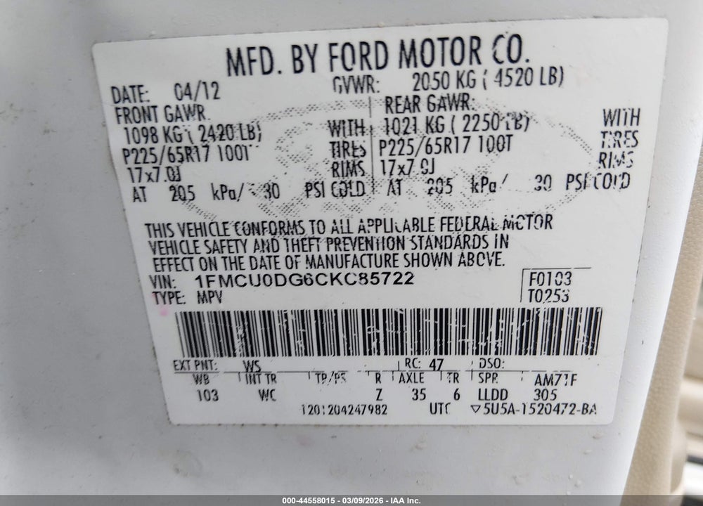2012 FORD ESCAPE XLT VIN: 1FMCU0DG6CKC85722