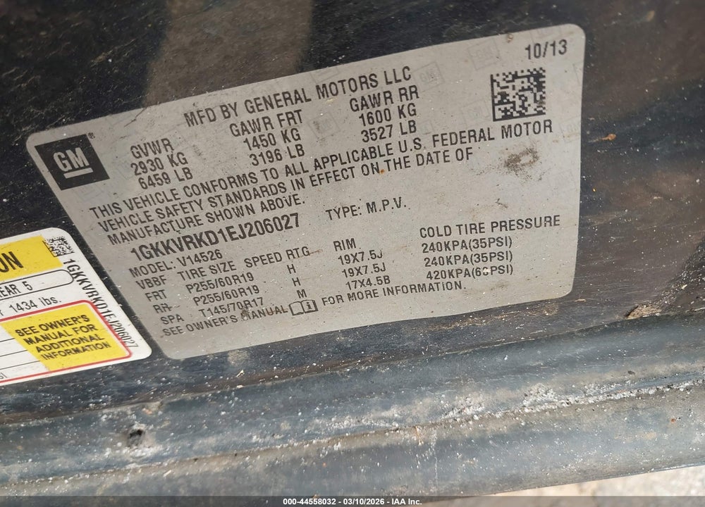 2014 GMC ACADIA SLT VIN: 1GKKVRKD1EJ206027
