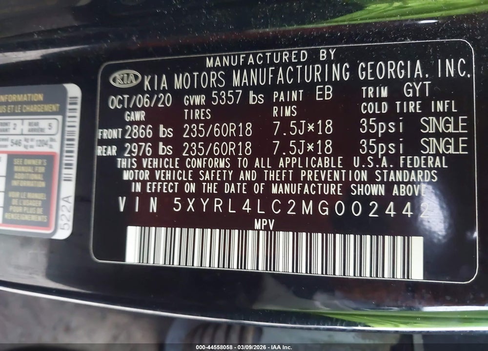 2021 KIA SORENTO S VIN: 5XYRL4LC2MG002442