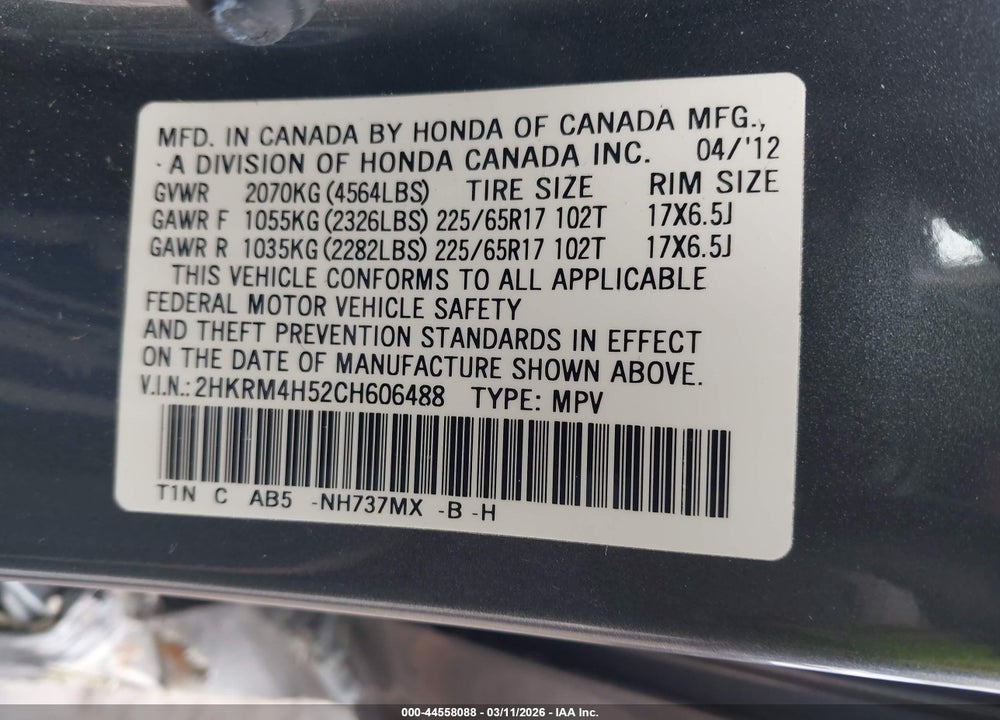 2012 HONDA CR-V EX VIN: 2HKRM4H52CH606488