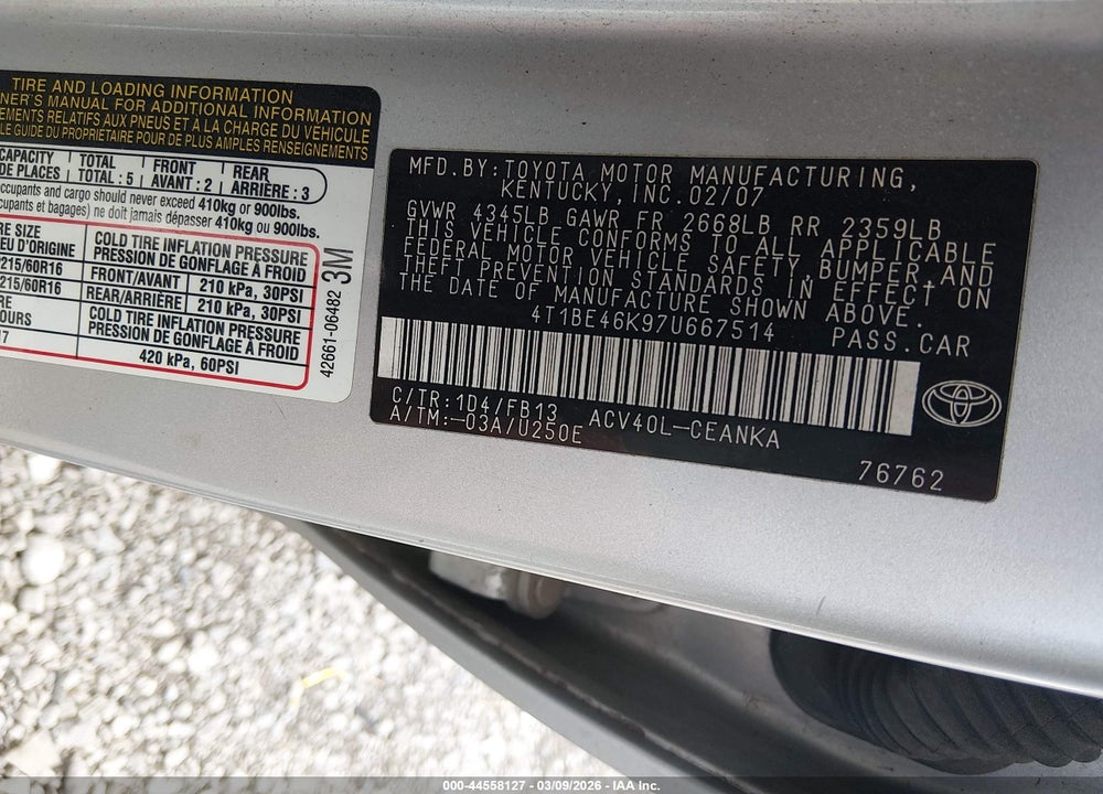2007 TOYOTA CAMRY CE VIN: 4T1BE46K97U667514