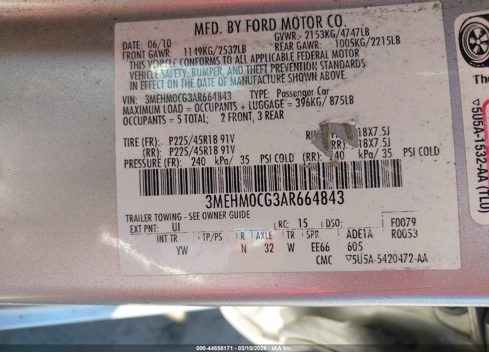 2010 MERCURY MILAN PREMIER VIN: 3MEHM0CG3AR664843