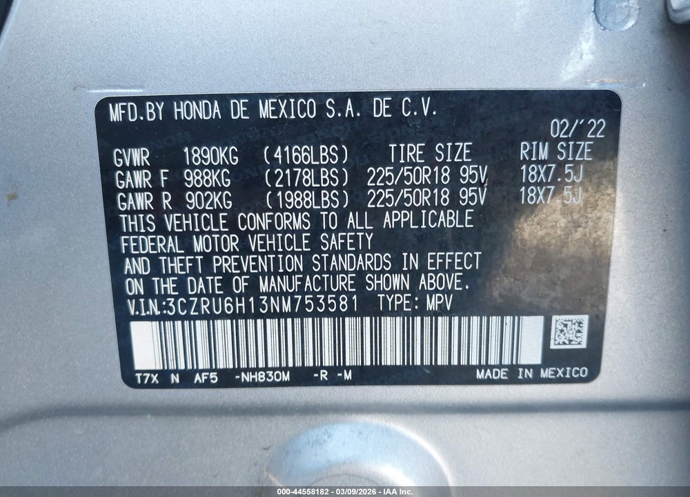 2022 HONDA HR-V AWD SPORT VIN: 3CZRU6H13NM753581