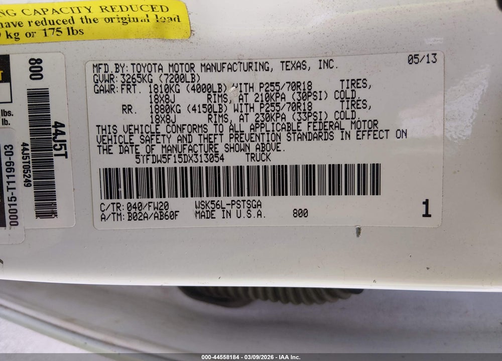 2013 TOYOTA TUNDRA GRADE 5.7L V8 VIN: 5TFDW5F15DX313054