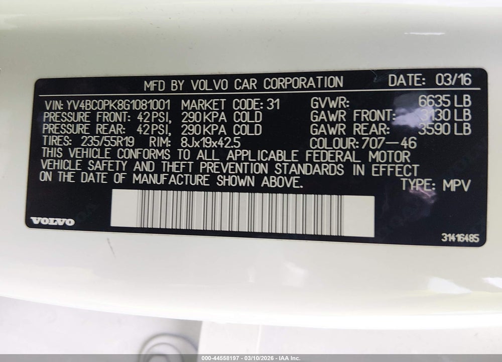 2016 VOLVO XC90 HYBRID T8 MOMENTUM VIN: YV4BC0PK8G1081001