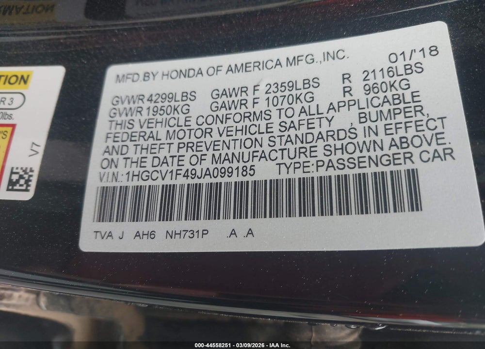 2018 HONDA ACCORD EX VIN: 1HGCV1F49JA099185