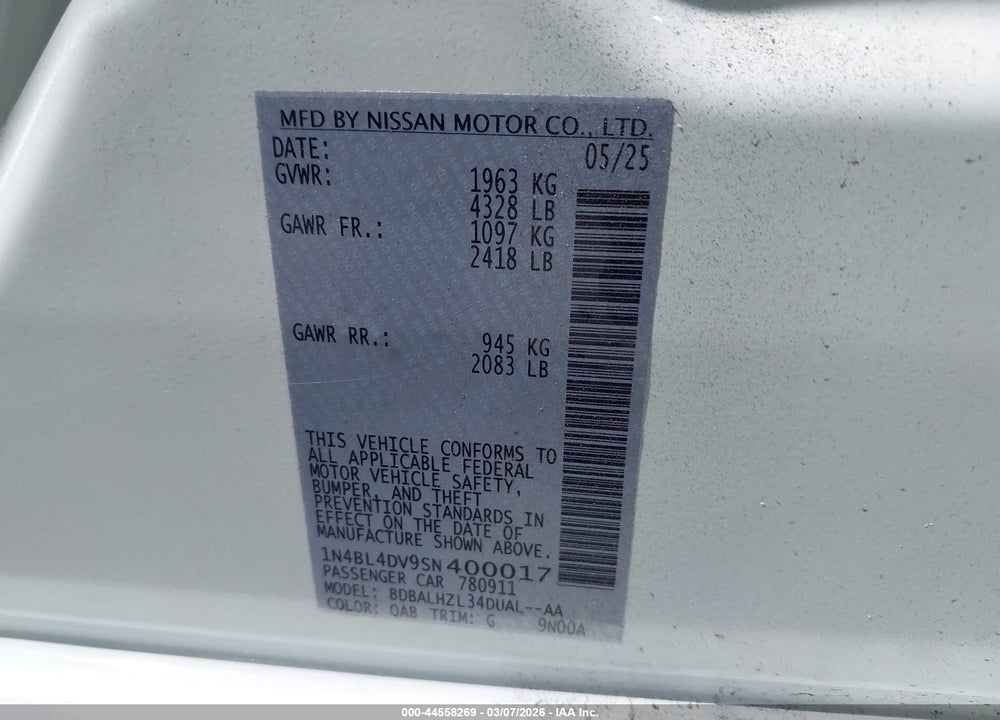 2025 NISSAN ALTIMA SV FWD VIN: 1N4BL4DV9SN400017