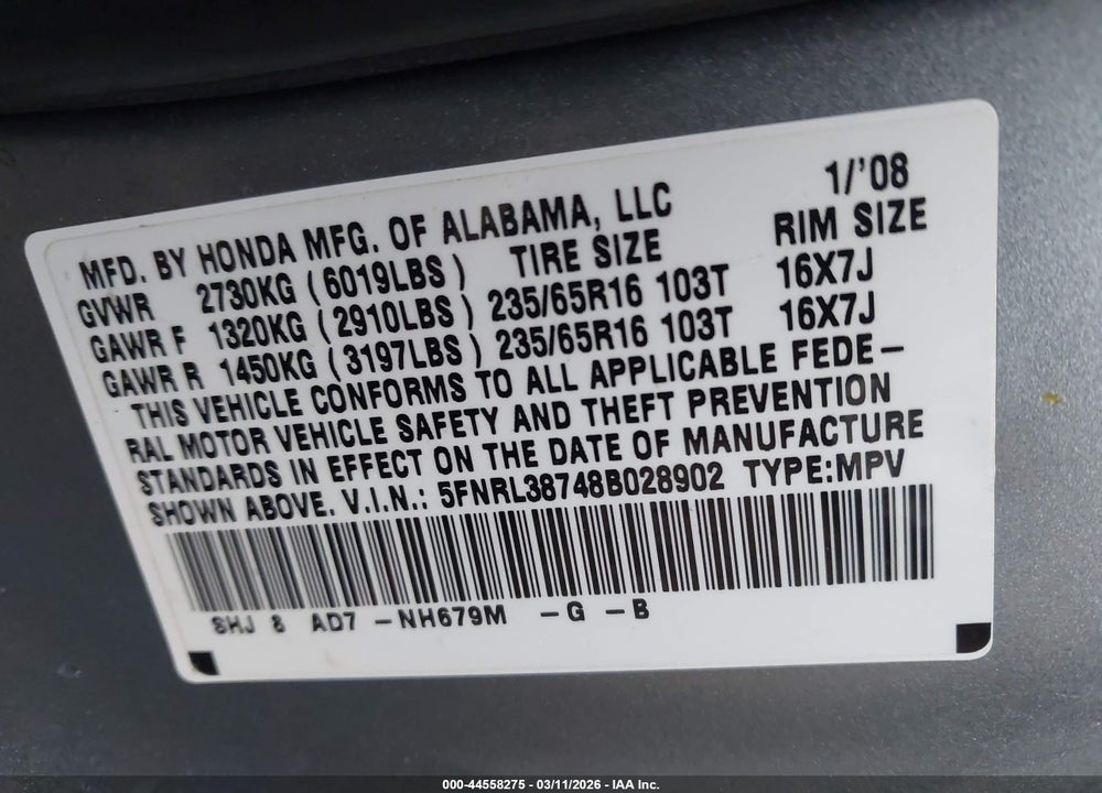 2008 HONDA ODYSSEY EX-L VIN: 5FNRL38748B028902