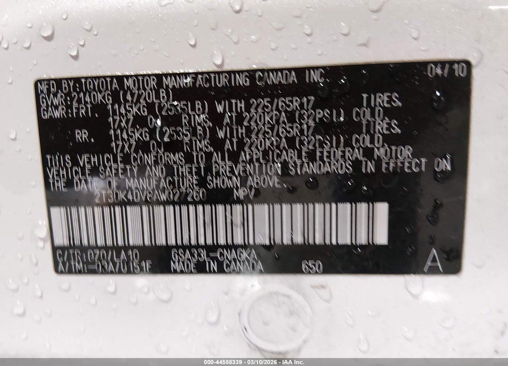 2010 TOYOTA RAV4 LIMITED V6 VIN: 2T3DK4DV8AW027260
