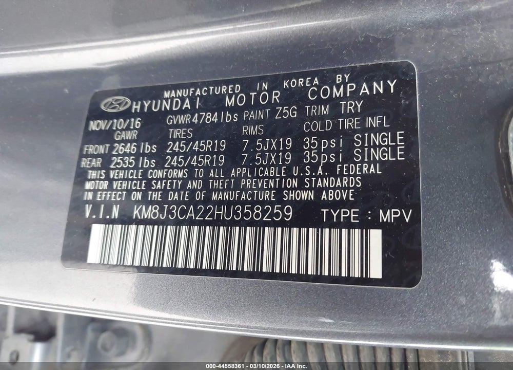 2017 HYUNDAI TUCSON SPORT VIN: KM8J3CA22HU358259