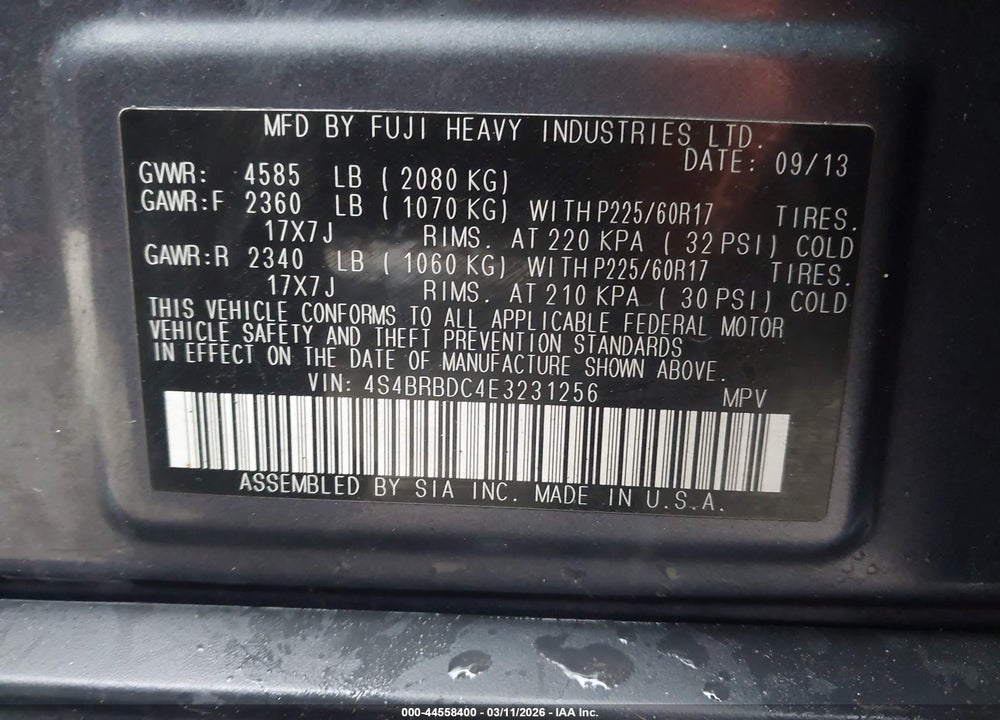 2014 SUBARU OUTBACK 2.5I PREMIUM VIN: 4S4BRBDC4E3231256
