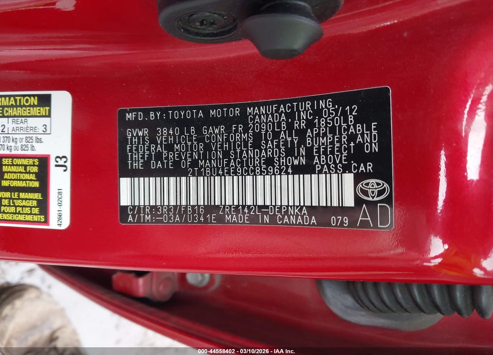 2012 TOYOTA COROLLA LE VIN: 2T1BU4EE9CC859624