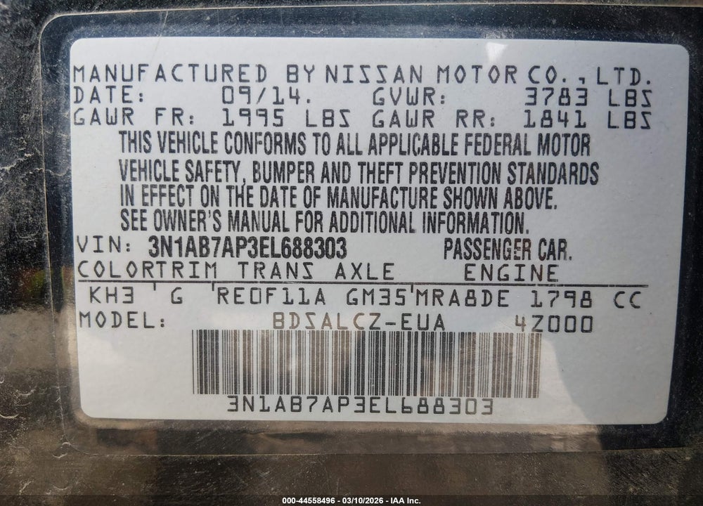 2014 NISSAN SENTRA S VIN: 3N1AB7AP3EL688303