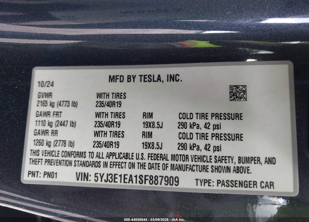2025 TESLA MODEL 3 LONG RANGE REAR-WHEEL DRIVE/STANDARD REAR-WHEEL DRIVE VIN: 5YJ3E1EA1SF887909